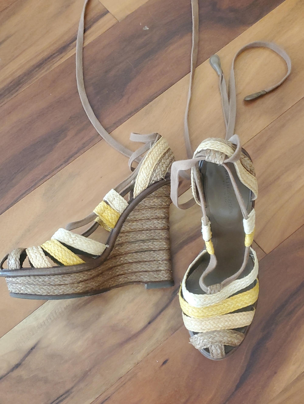 Bottega Veneta Yellow & Beige Woven Espadrille Wedge Sandals